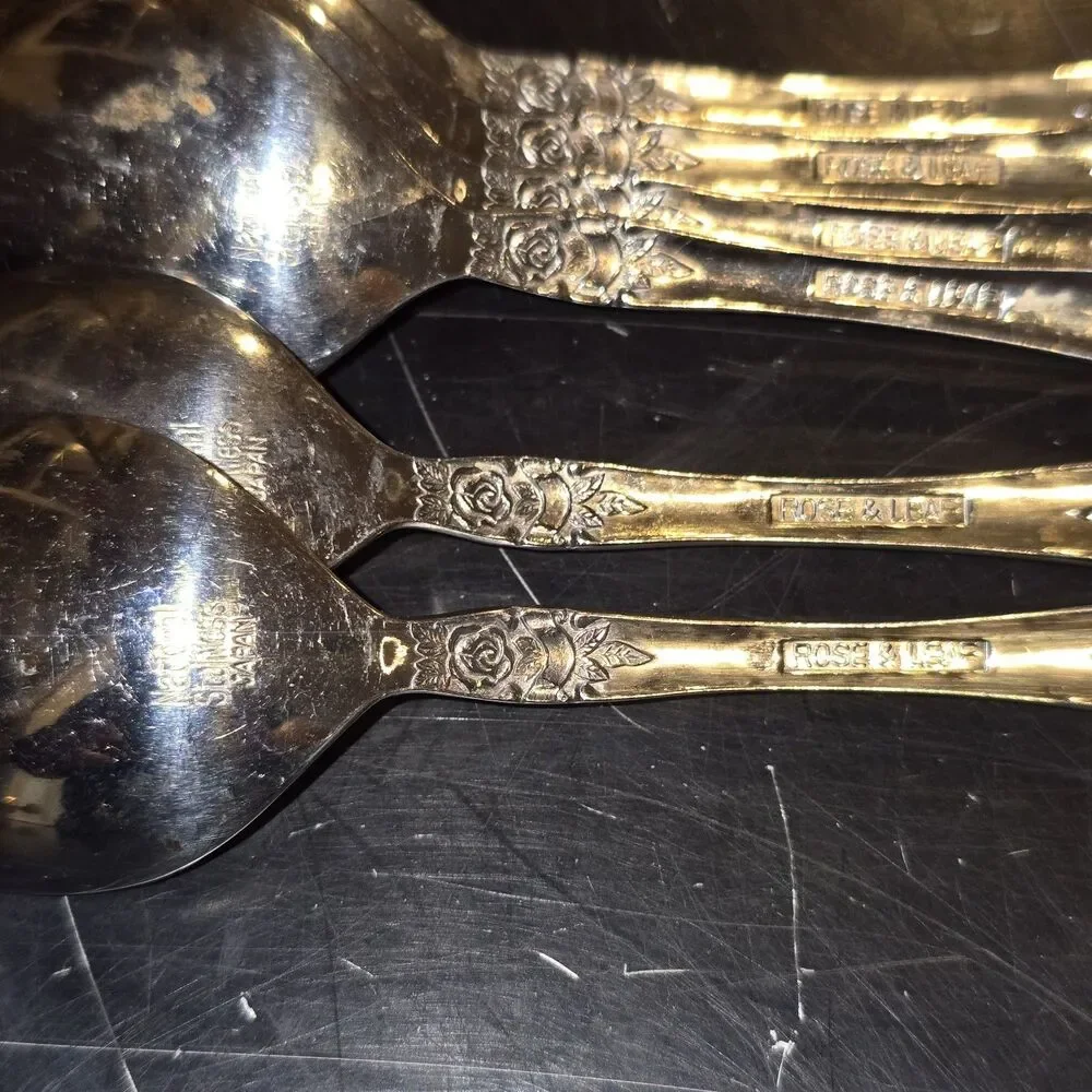 Rose and Leaf Stainless SOUP SPOONS Lot Of 6 Japan